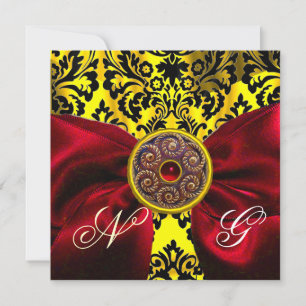 INVITATION RUBAN ROUGE OR JAUNE NOIR DAMAS MONOGRAMME