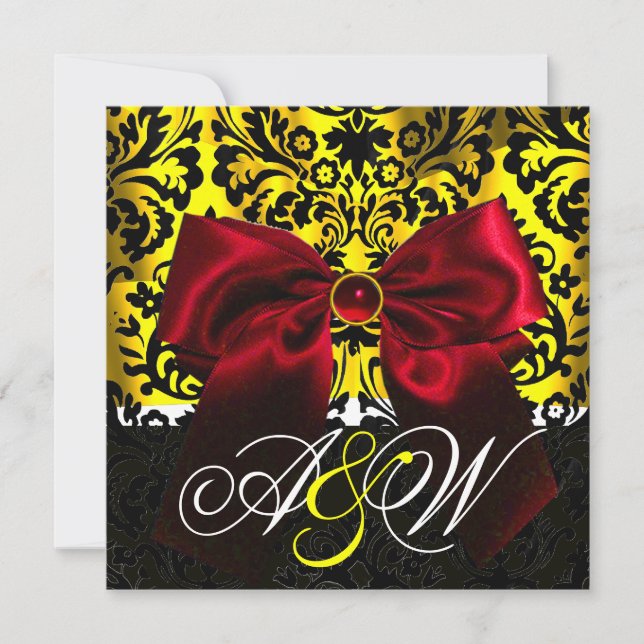 INVITATION RUBAN ROUGE OR JAUNE NOIR  DAMAS MONOGRAMME (Devant)