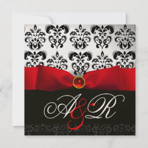 INVITATION RUBAN ROUGE RUBIS BLANC NOIR DAMAS MONOGRAMME