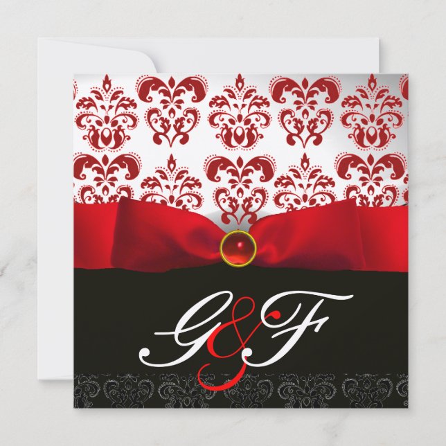 INVITATION RUBAN ROUGE RUBIS OR NOIR  DAMAS MONOGRAMME (Devant)