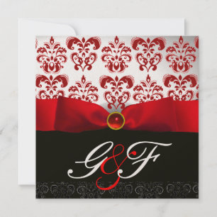 INVITATION RUBAN ROUGE RUBIS OR NOIR  DAMAS MONOGRAMME
