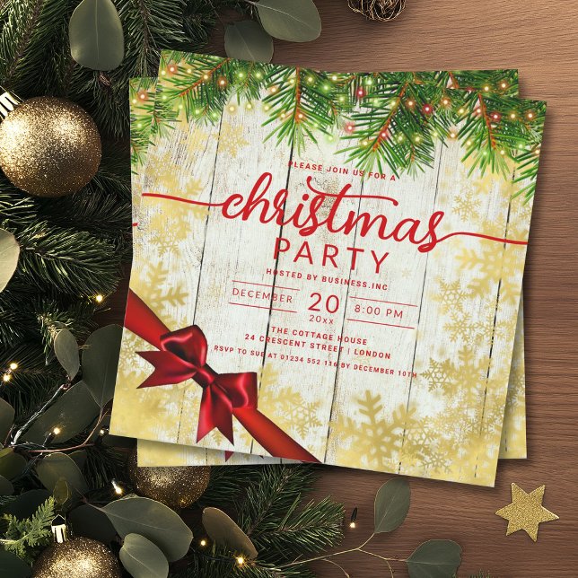 Invitation Ruban Rustique Gold Snow & Pine Lights Company Xma (Rustic Gold Snow & Pine Lights Company Xmas Ribbon Invitation)