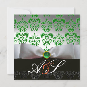 Invitation RUBAN VERT BLANC & MONOGRAMME EN DAMAS NOIR Or