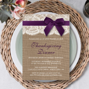 Invitation Ruban Violet Sur Burlap Et Dentelle Dîner D'Action