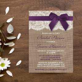 Invitation Ruban Violet Sur Burlap & Fête des mariées Dentell
