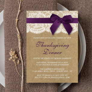 Invitation Ruban Violet Sur Kraft & Dîner D'Action De Grâce D