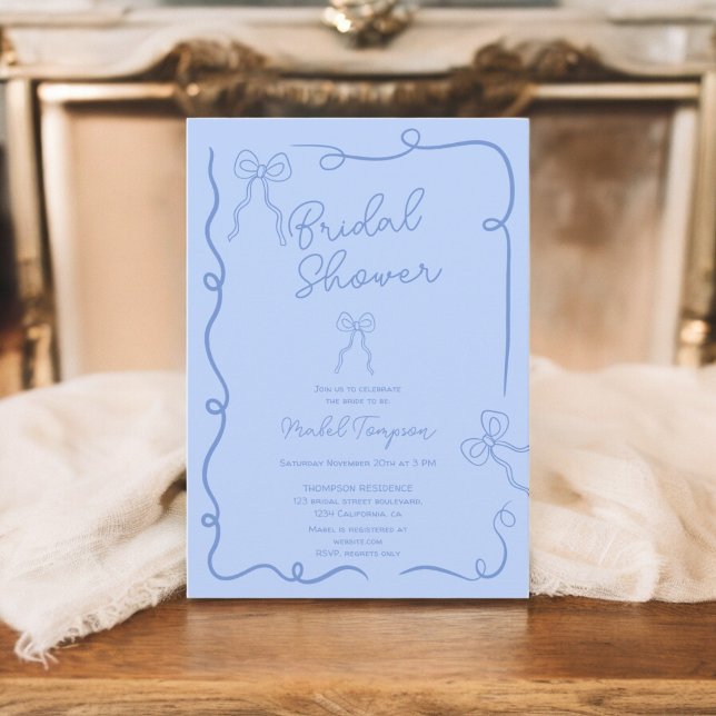 Invitation Rubans à arcs bleus chic illustrations Douche nupt (Chic blue bows ribbons illustrations Bridal shower Invitation)