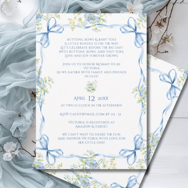 Invitation Rubans Bows Bleus & Baby shower Cadre Floral (Créateur téléchargé)