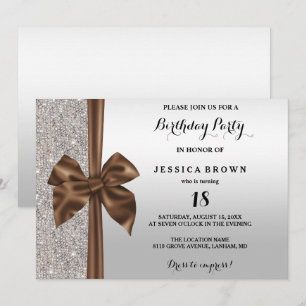 Invitation Rubans de soie marron Paillettes argentées 18e ann