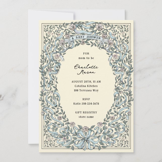 Invitation Rubans rose et bleu et Baby shower Rose (Devant)