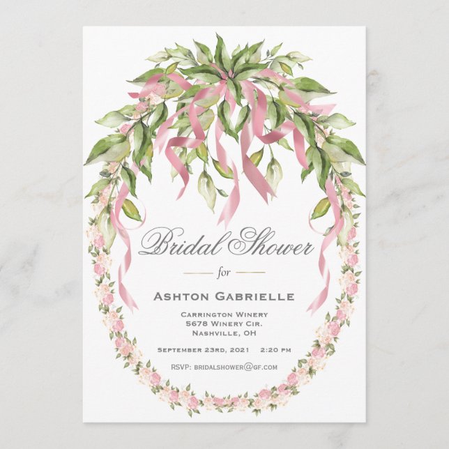 Invitation Rubans roses Fleur Wreath Elégante Fête des mariée (Devant)