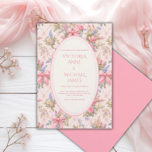 Invitation Rubans roses Fleurs Mariage vintage