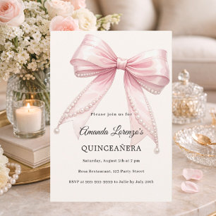 Invitation Rubans roses perles ivoire élégant Quinceanera lux