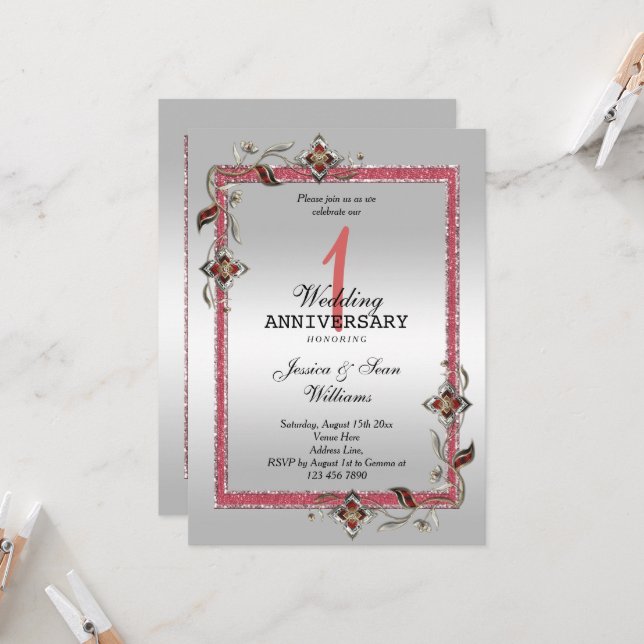 Invitation Rubis, Paillettes & Argent 1ers Noces (Devant/Arrière en situation)
