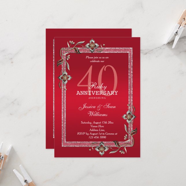 Invitation Rubis & Paillettes Rouge Rubis 40 ans de Mariage (Devant/Arrière en situation)