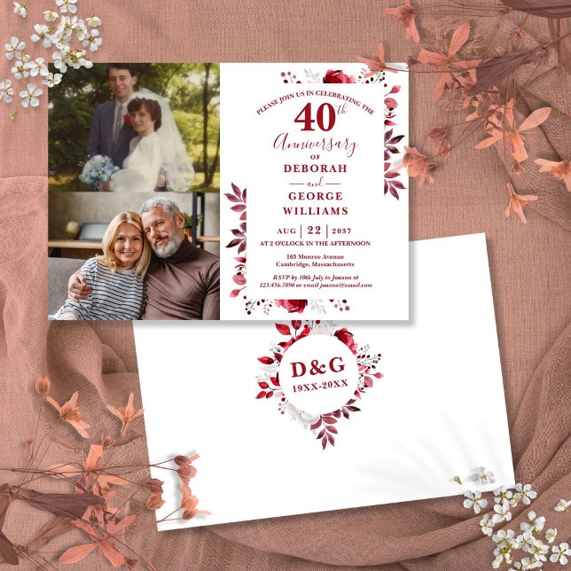 Invitation Ruby 40e anniversaire de mariage alors et maintena (Ruby 40th Wedding Anniversary Then & Now 2 Photo Invitation)