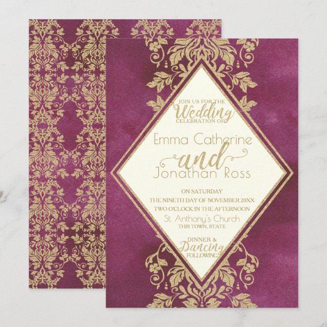 Invitation Ruby et Gold Mariage damassé (Devant / Derrière)
