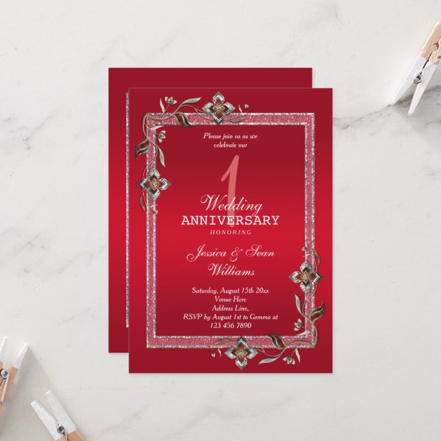 Invitation Ruby Gem & Parties scintillant 1er anniversaire Ma (Devant/Arrière en situation)