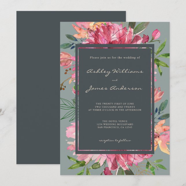 Invitation Ruby Pink Peony Mariage vert floral (Devant / Derrière)