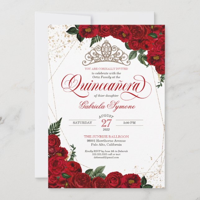 Invitation Ruby Red Floral Rose & Gold Elegant Quinceañera (Devant)