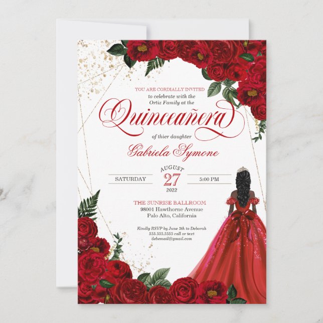 Invitation Ruby Red Floral Rose & Or Elegant Quinceañera In (Devant)
