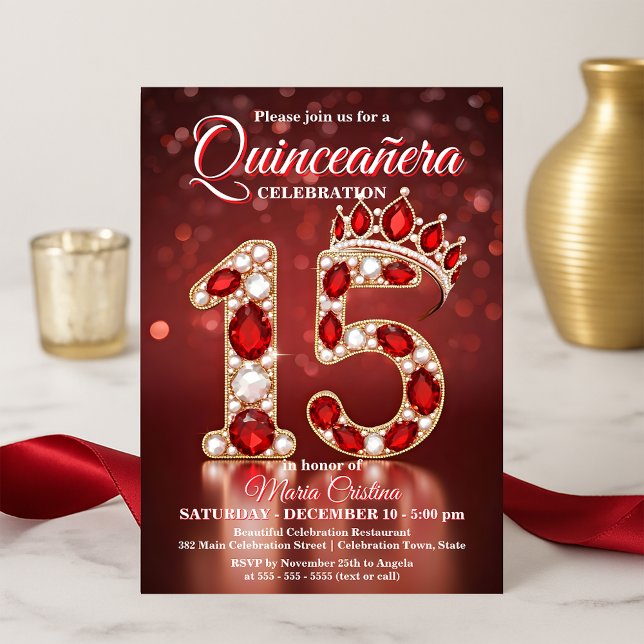 Invitation Ruby Red Gold Gemstone Princesse Crown Quinceañera (Créateur téléchargé)