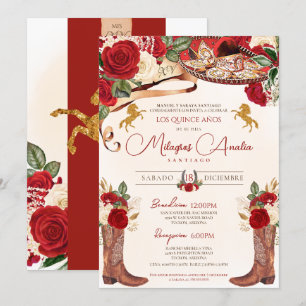 Invitation Ruby Red Roses Elégant Western Charro Quinceañera