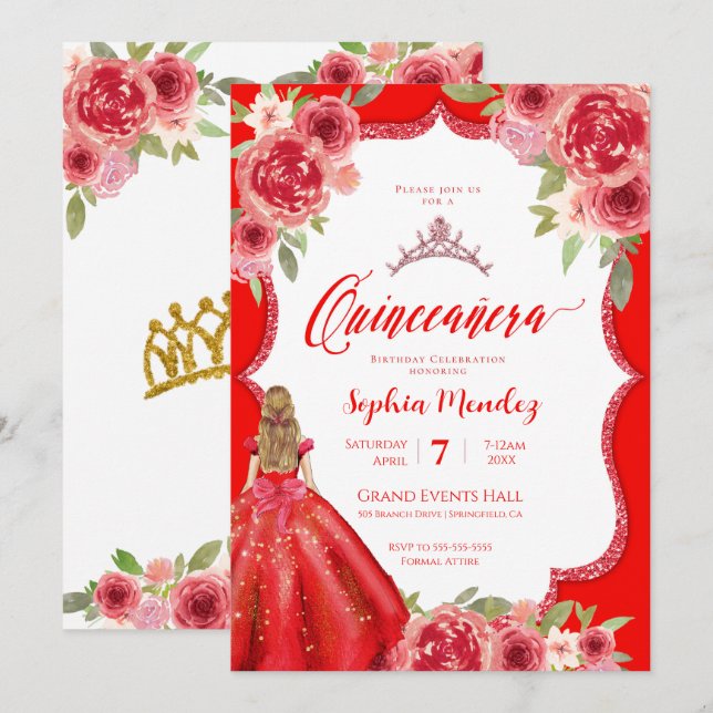 Invitation Ruby Red Roses Floral Aquarelle Quinceañera (Devant / Derrière)