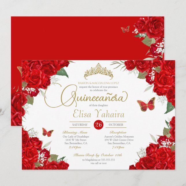 Invitation Ruby Red Roses Floral Tiara Butterfly Quinceanera (Devant / Derrière)