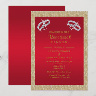Invitation Ruby Red, Sparkly Silver Rings Dîner de répétition