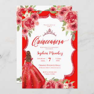 Invitation Ruby Rouge Rose Floral Aquarelle Quinceanera
