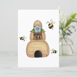Invitation Ruche d'abeille avec fleur bleue et abeilles