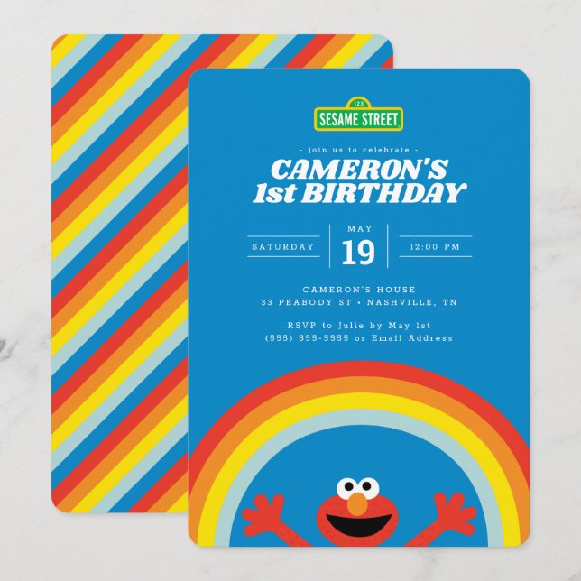 Invitation Rue Sésame | Anniversaire d'Elmo Rainbow (Devant / Derrière)