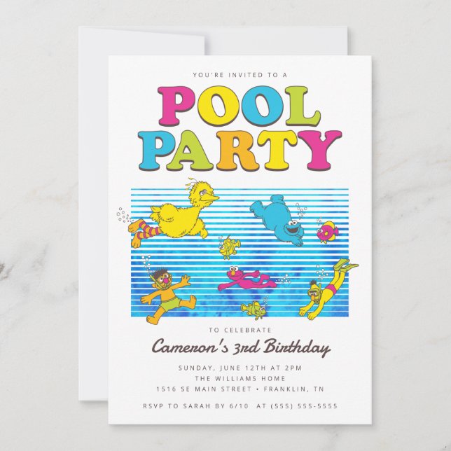 Invitation Rue Sésame | Piscine fêtes été nager Anniversaire (Devant)
