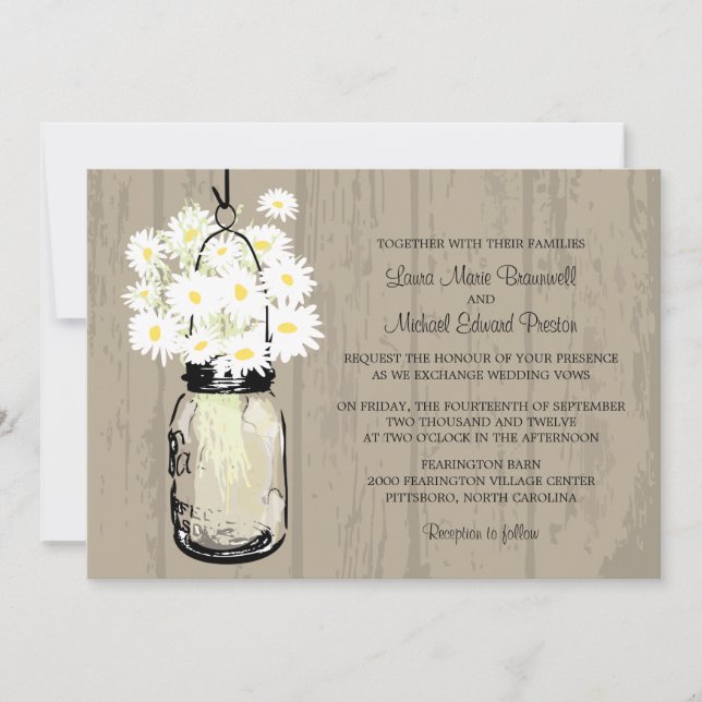 Invitation Rusic Brown Mason Jar Wild White Daisies (Devant)