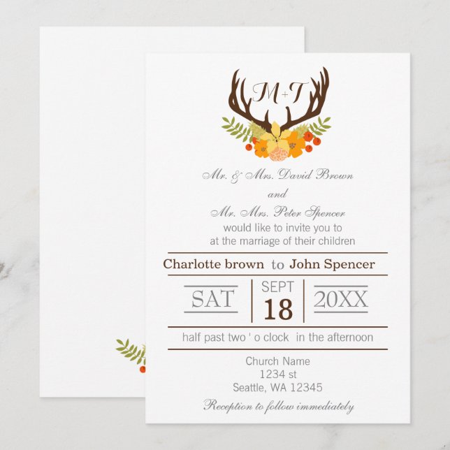 Invitation Russe Antler Deer Floral Mariage de bois (Devant / Derrière)
