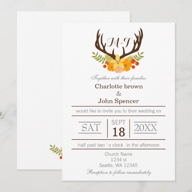 Invitation Russe Antler Deer Floral Mariage de bois (Devant / Derrière)