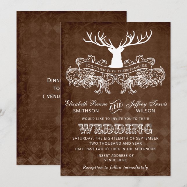 Invitation Russe Antler Deer Winter mariage de bois (Devant / Derrière)
