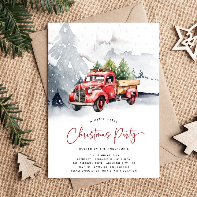 Invitation Russe aquarelle Camion rouge Fête de Noël d'hiver (Créateur téléchargé)