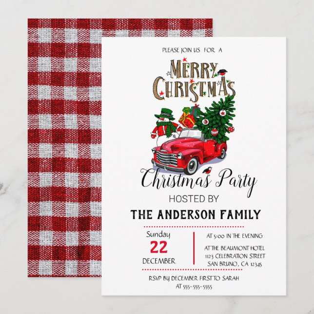Invitation Russe aquarelle Camion rouge Noël (Devant / Derrière)
