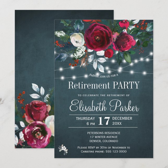Invitation Russe aquarelle fleurie fête de retraite hivernale (Devant / Derrière)