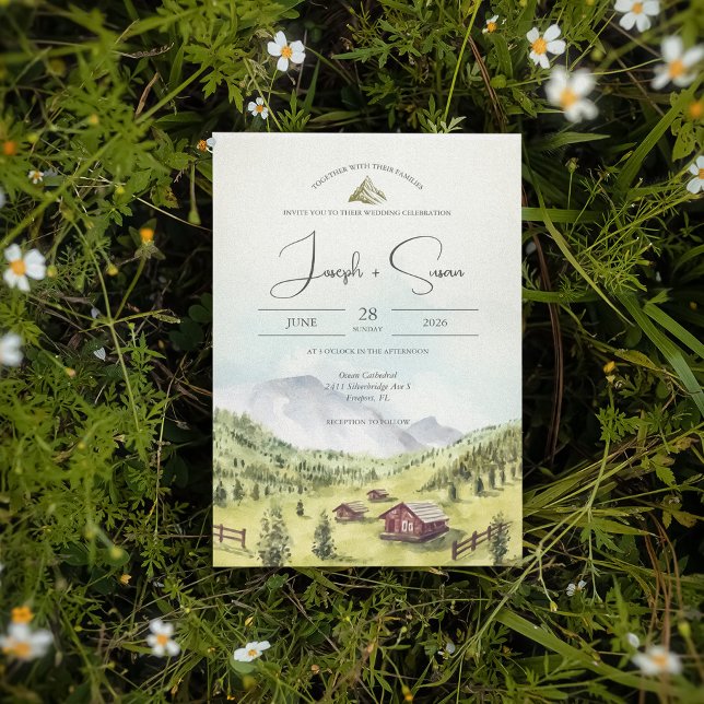 Invitation Russe aquarelle Mountain Woods Pine Tree Mariage (Créateur téléchargé)