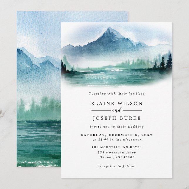Invitation Russe Aquarelle Pine Mountains Lac Mariage (Devant / Derrière)