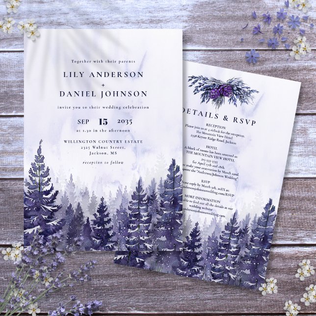 Invitation Russe Aquarelle Purple Pine Tree Mariage de forêt (Rustic Watercolor Purple Pine Tree Forest Wedding Invitation)