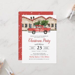 Invitation Russe Aquarelle Rouge Camion Maison Noël