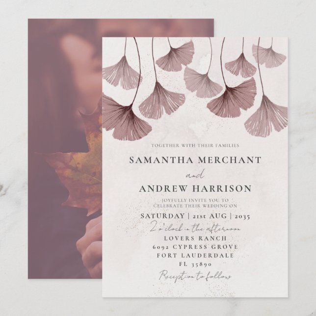 Invitation Russe aquarelle Terracotta Ginkgo Mariage (Devant / Derrière)