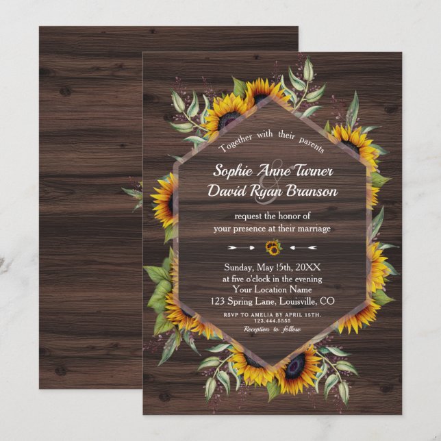 Invitation Russe aquarelle tournesol Mariage bois (Devant / Derrière)