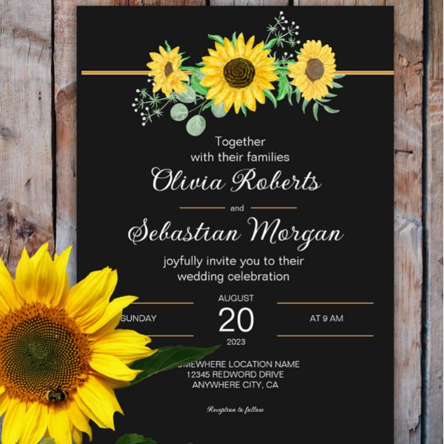 Invitation Russe Aquarelle tournesol Mariage noir (Créateur téléchargé)