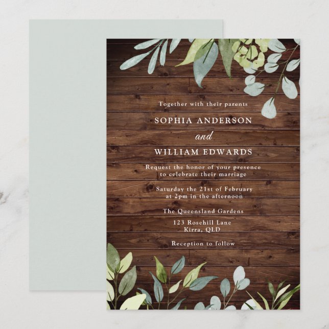 Invitation Russe Aquarelle Vert Feuille Moderne Mariage (Devant / Derrière)