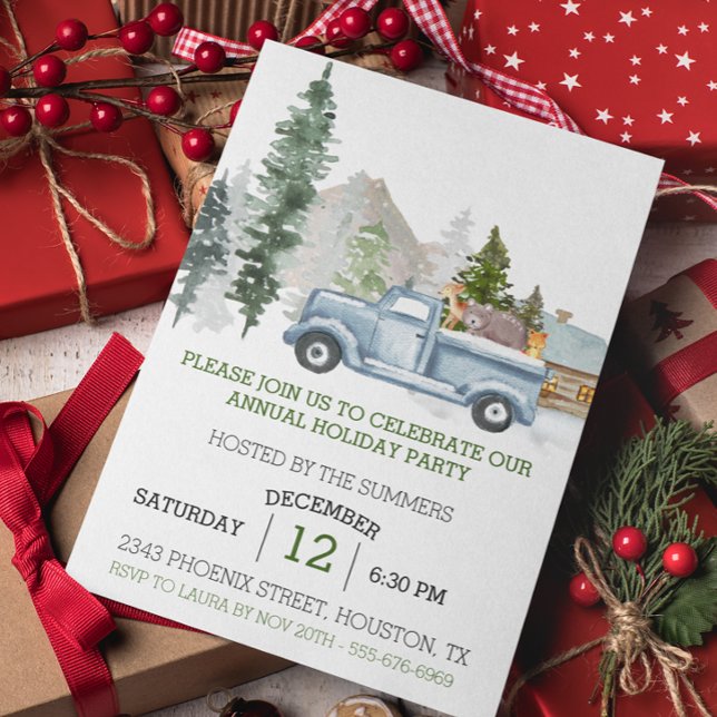 Invitation Russe aquarelle Woodland Christmas Truck Party (Créateur téléchargé)
